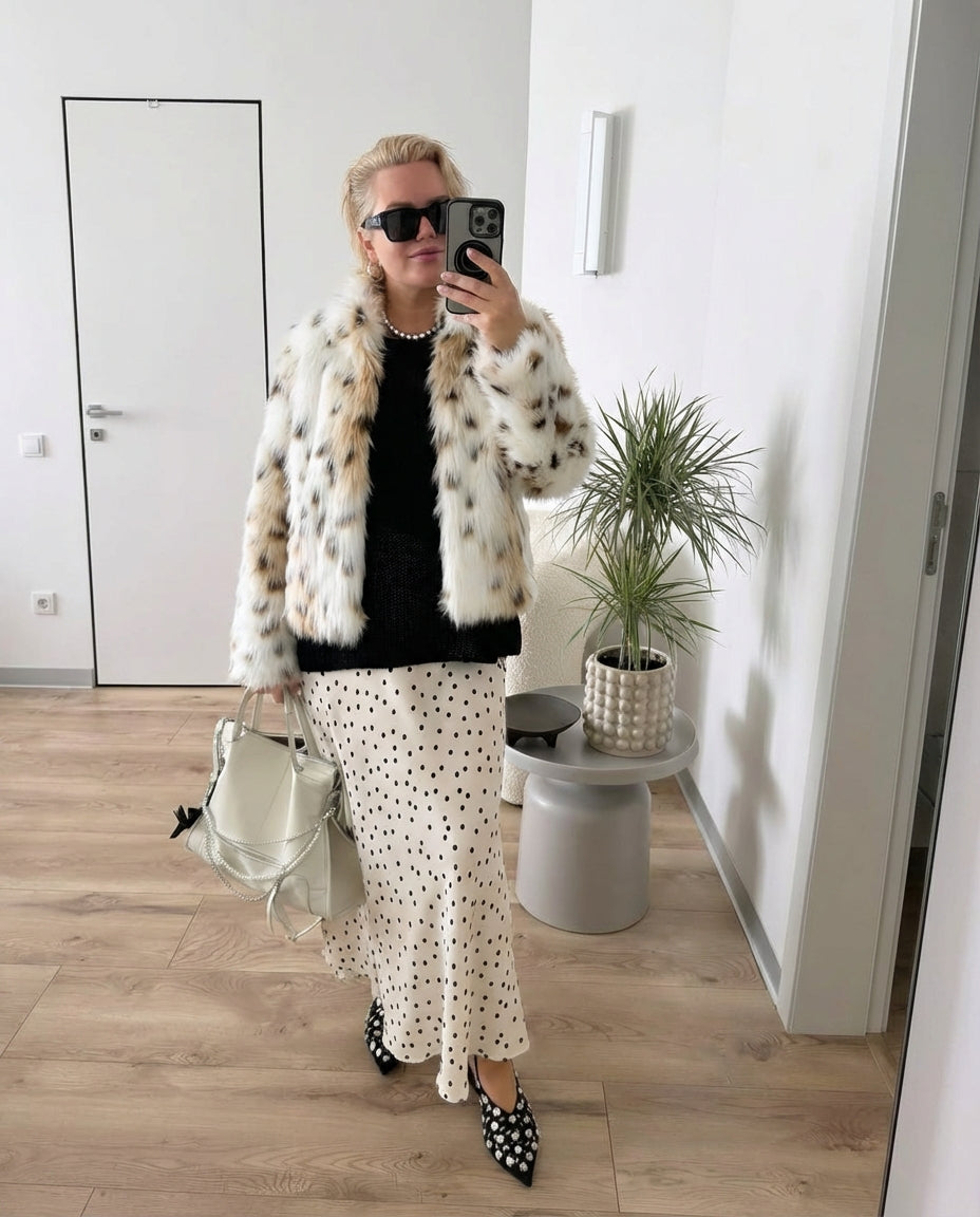 Iris | Faux Fur Coat Cream Brown Leopard Print Fluffy
