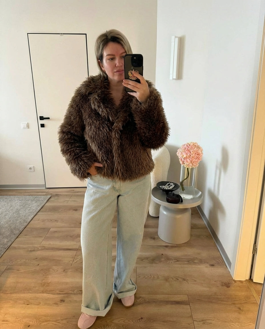 Alma | Faux Fur Jacket Brown Short Fuzzy Coat