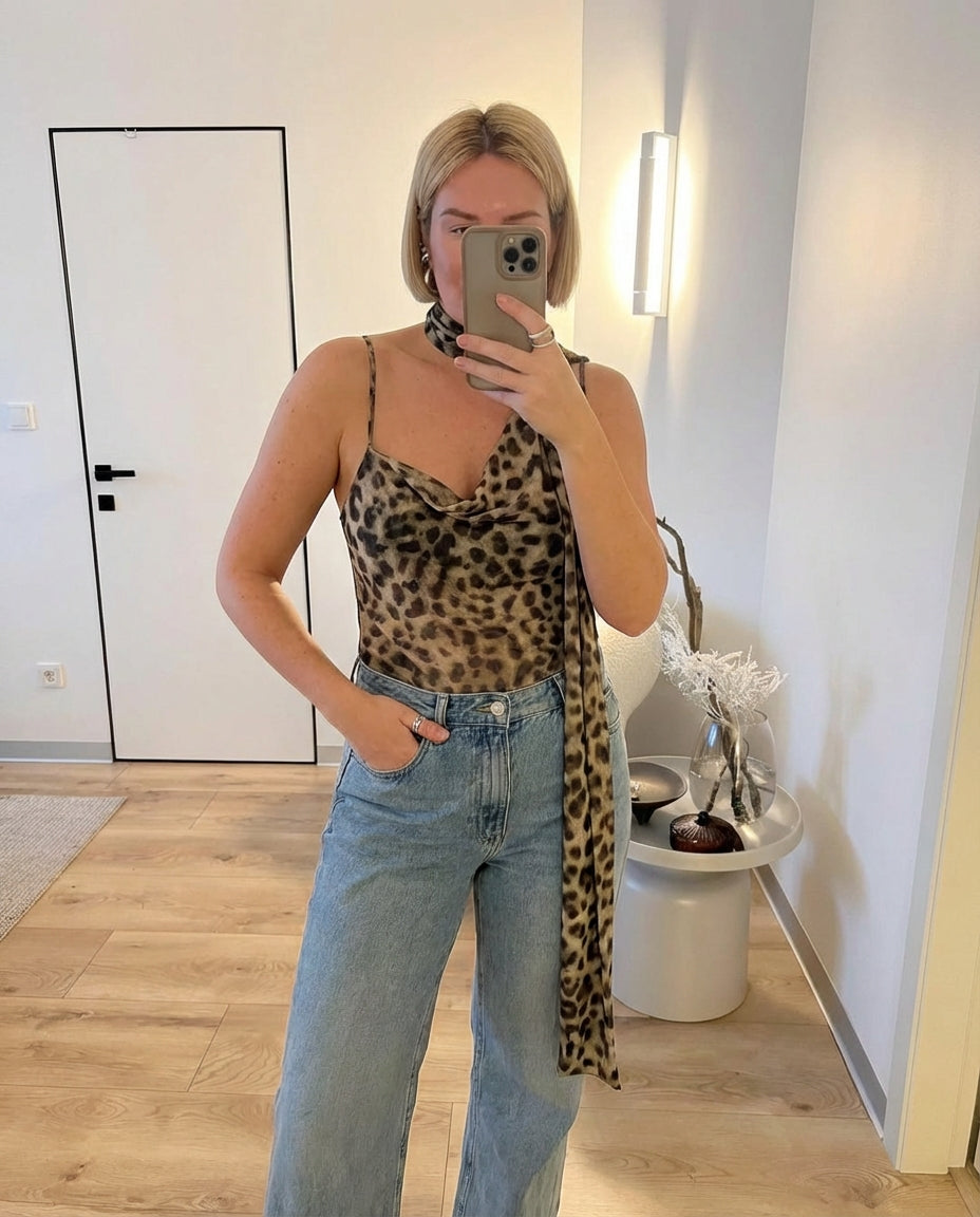 Faye | Leopard Print Bodysuit Cream Asymmetrical Strap