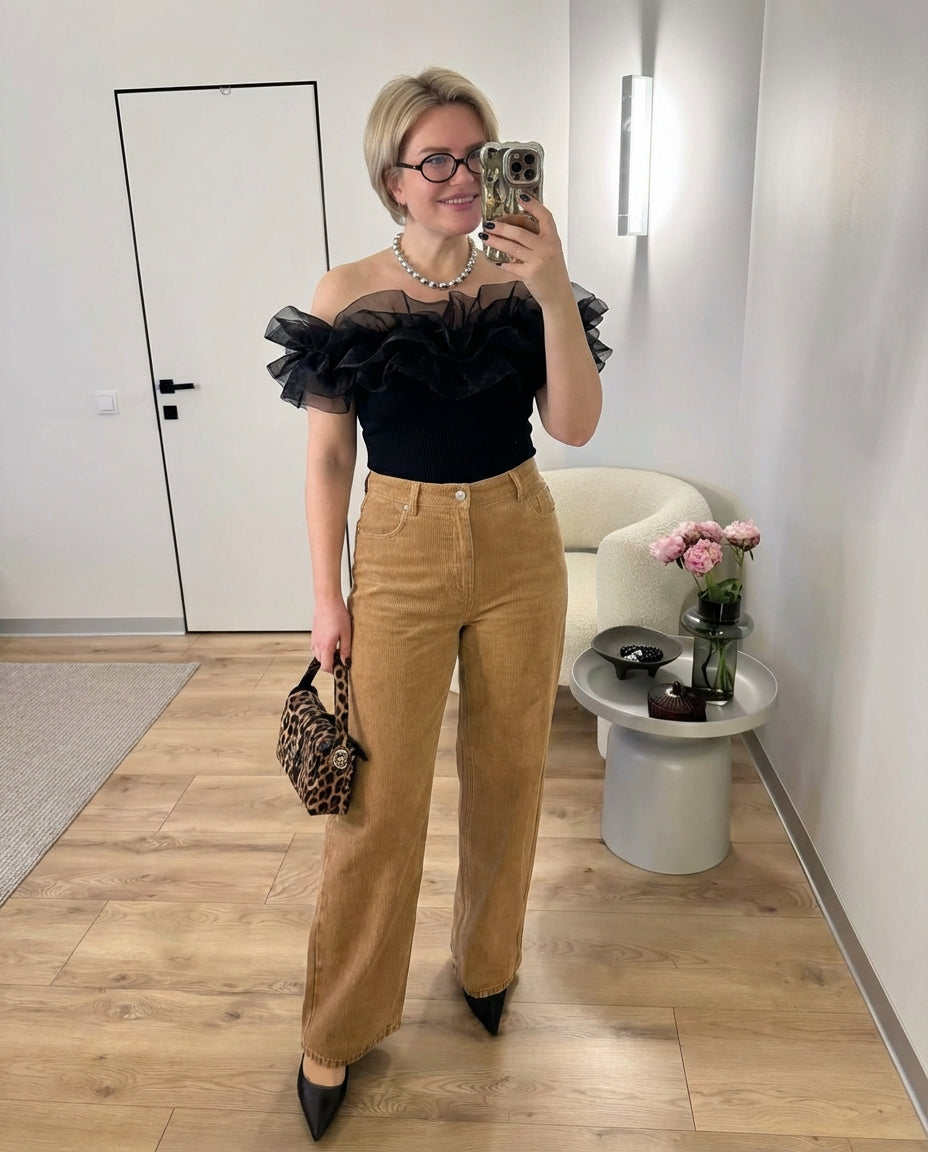 Vera | Ruffle Off Shoulder Bodysuit Black Ribbed Knit