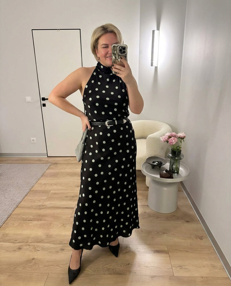 Neve | Polka Dot Halter Dress Black Maxi