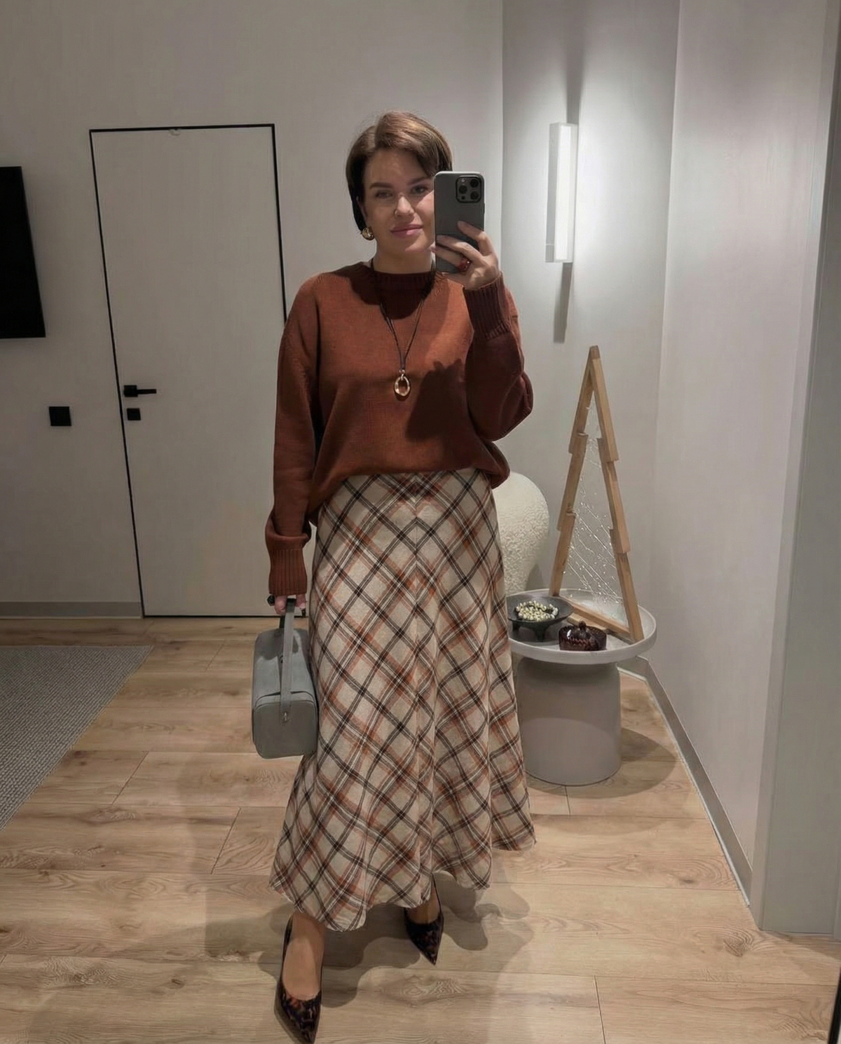 Iris | Plaid Midi Skirt Cream Brown High Waisted