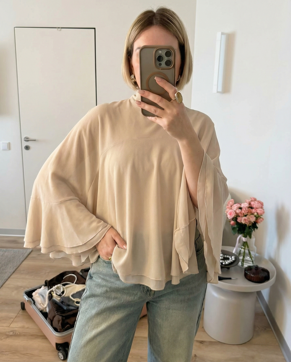 Tess | Turtleneck Draped Blouse Cream Long Sleeve