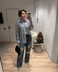 Elodie | Sequin Button Up Blouse Silver Long Sleeve Striped