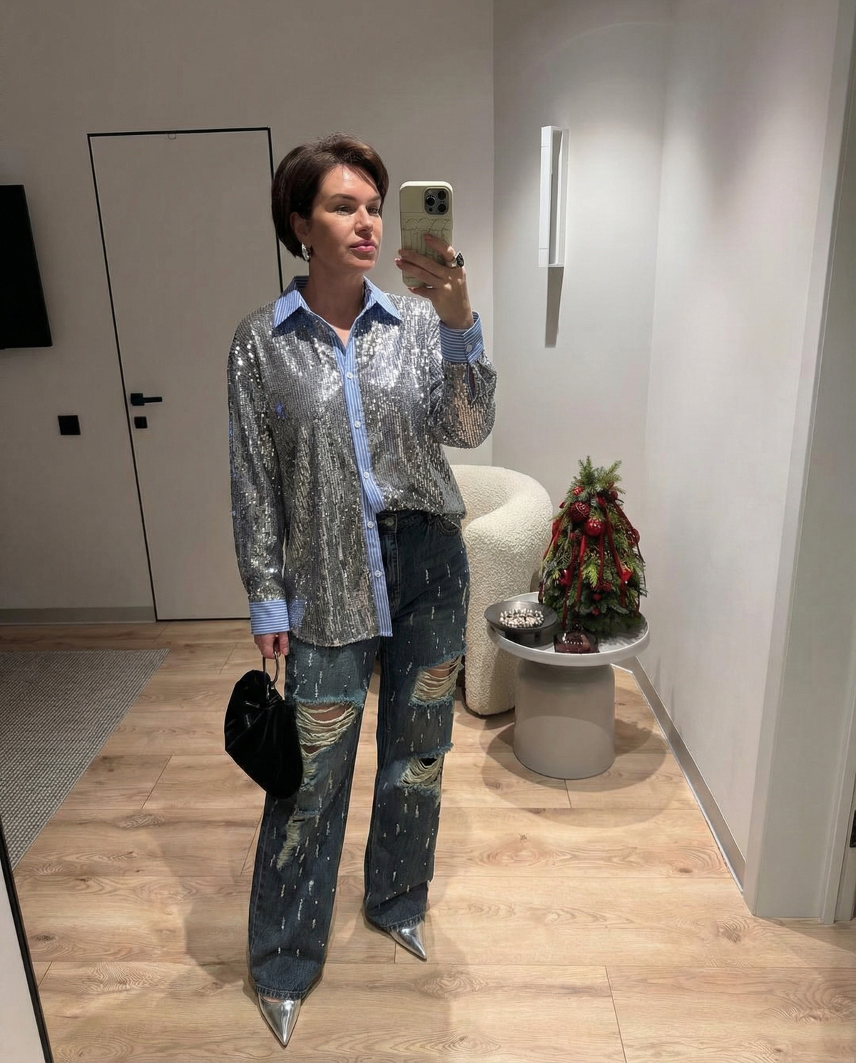 Elodie | Sequin Button Up Blouse Silver Long Sleeve Striped
