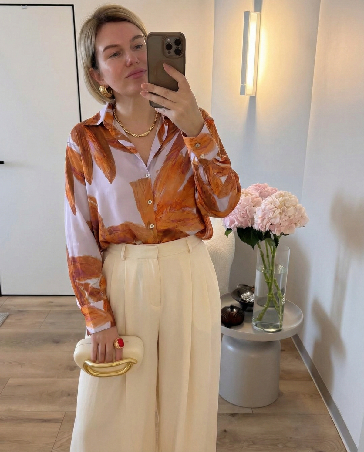 Vera | Floral Button Down Shirt Cream Orange Long Sleeve