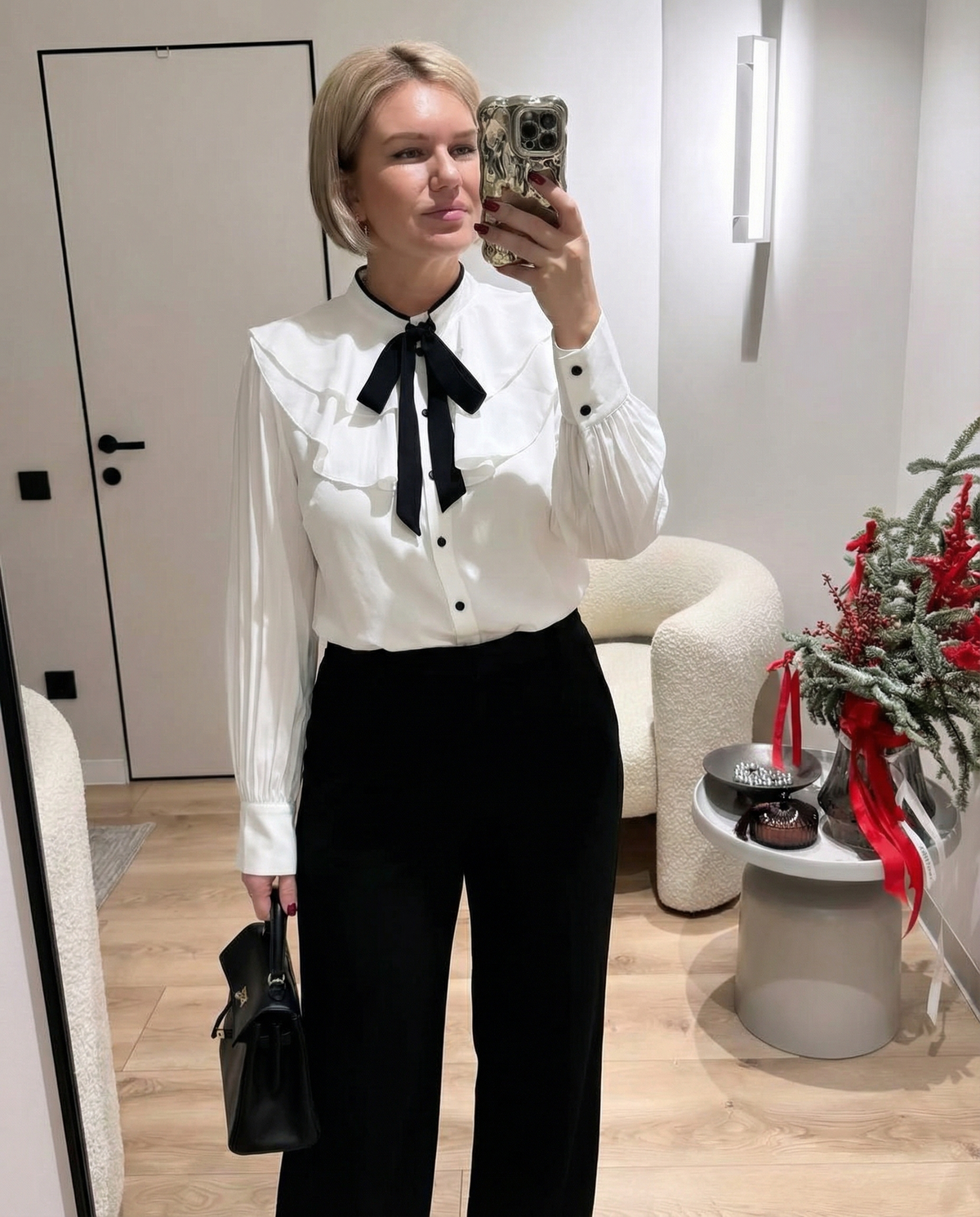 Viola | Bow Tie Long Sleeve Blouse Cream Black Ribbon