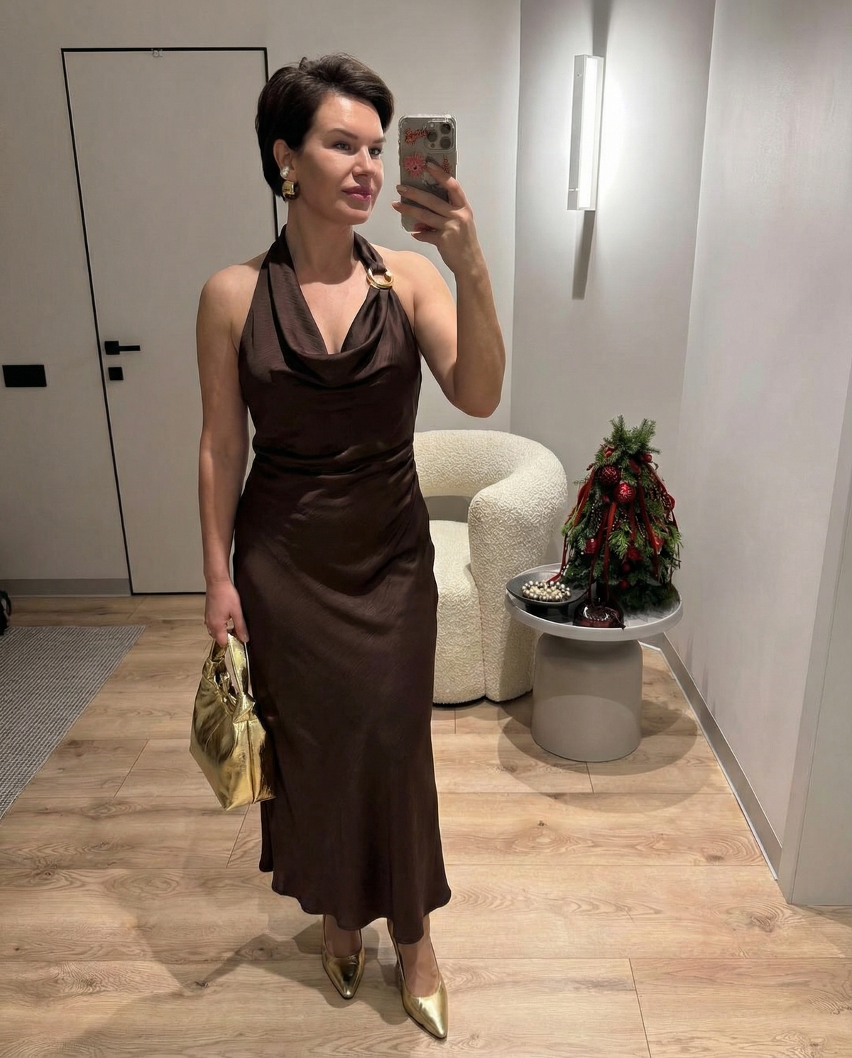 Vera | Halter Maxi Dress Brown Cowl Neck