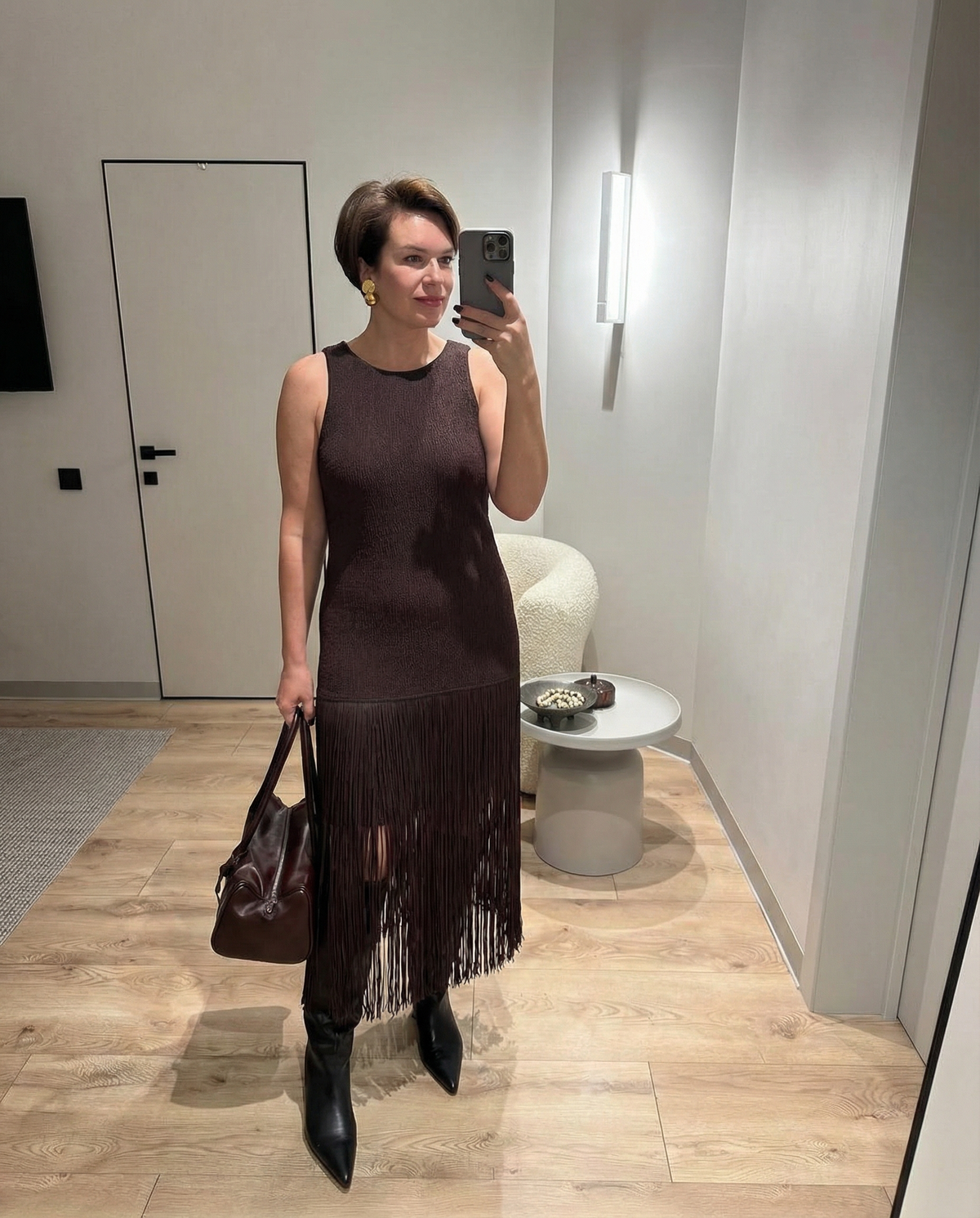 Neve | Pleated Midi Dress Brown Fringe Hem