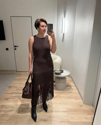 Neve | Pleated Midi Dress Brown Fringe Hem