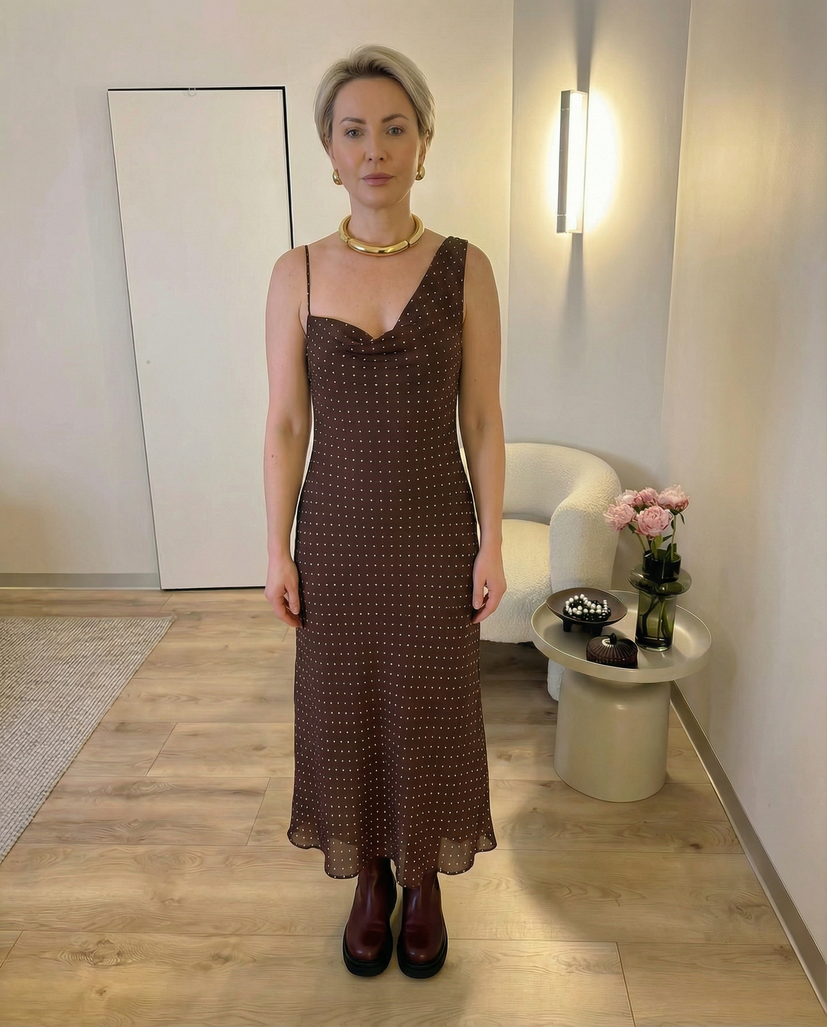 Luisa | Polka Dot Midi Dress Brown Cowl Neck