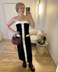 Vera | Strapless Midi Dress Black Cream Button Detail