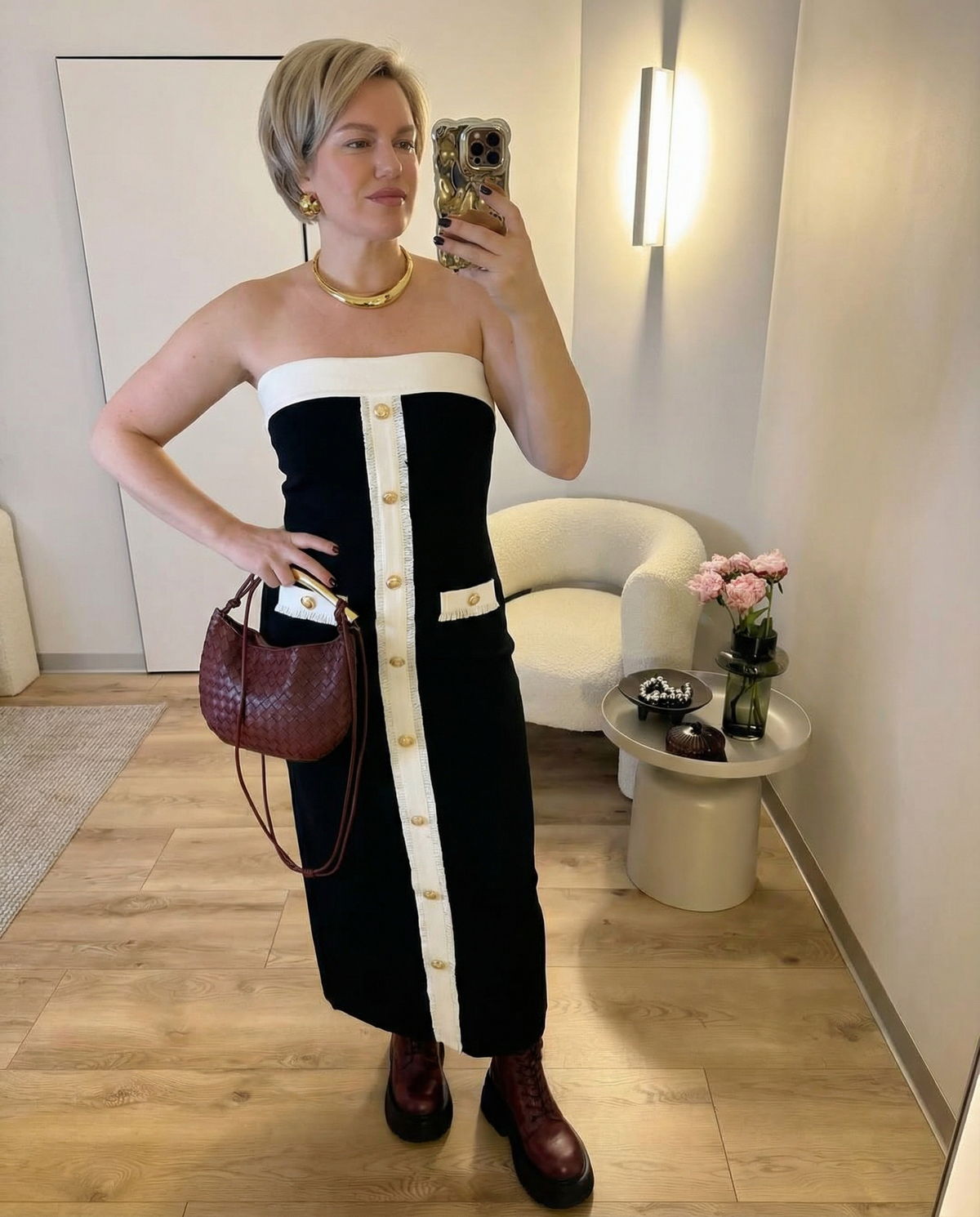 Vera | Strapless Midi Dress Black Cream Button Detail
