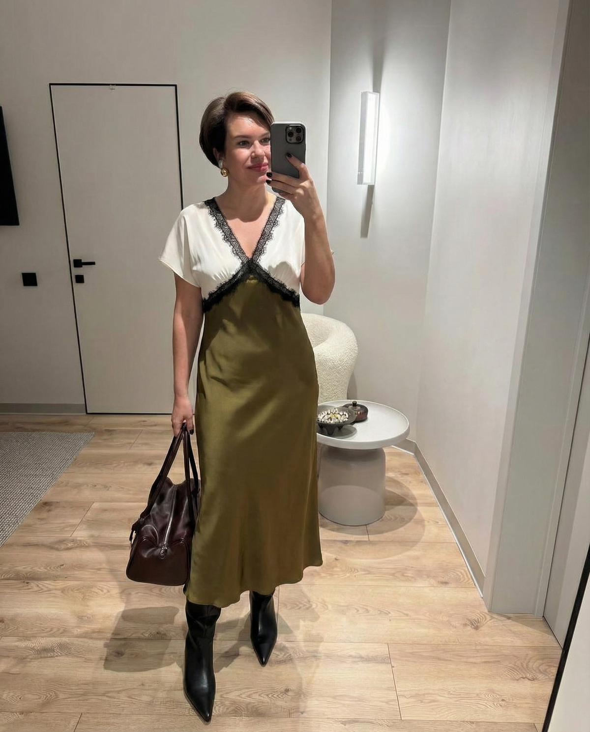 Elora | Lace Trim Maxi Dress Olive V Neck Short Sleeve