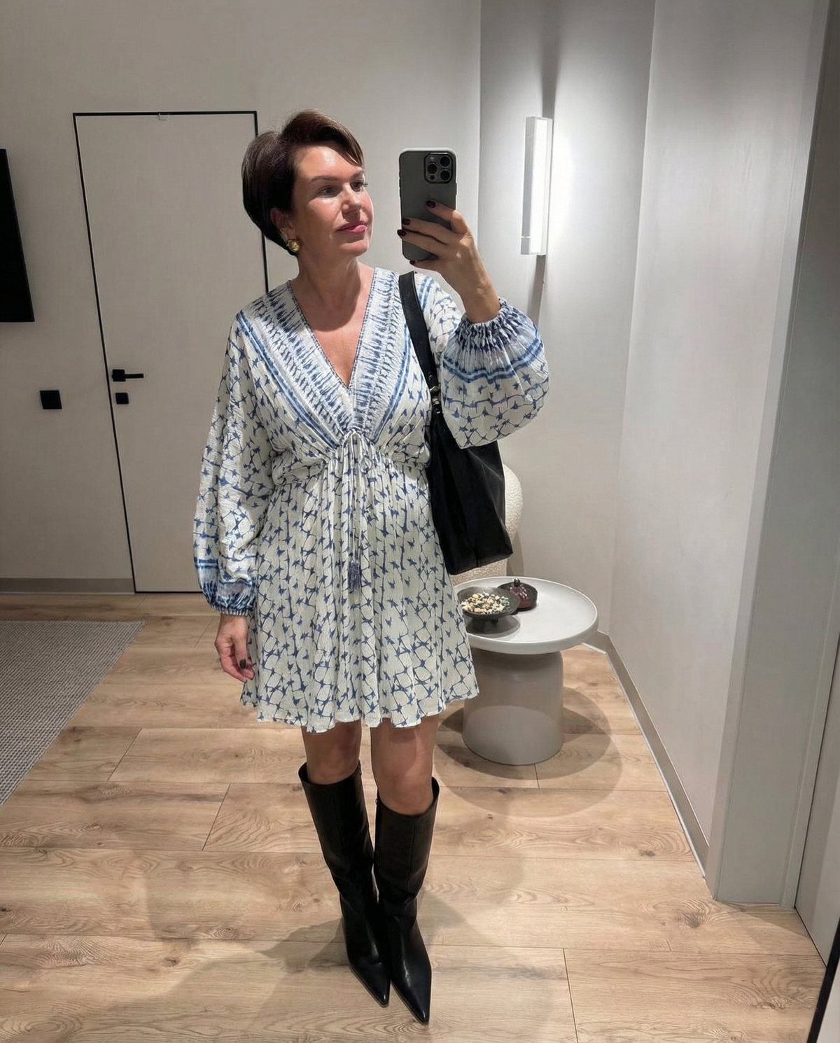 Lux | Boho Puff Sleeve Floral Print Midi Dress Cream Blue