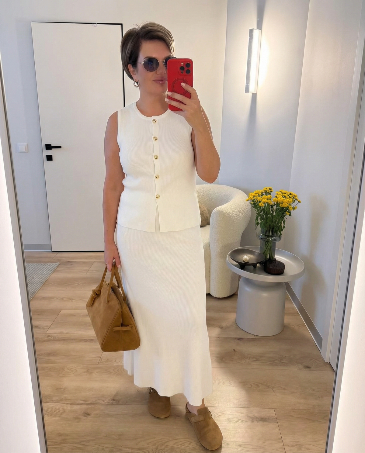 Viola | Knit Skirt Set Cream Button Front Vest Maxi