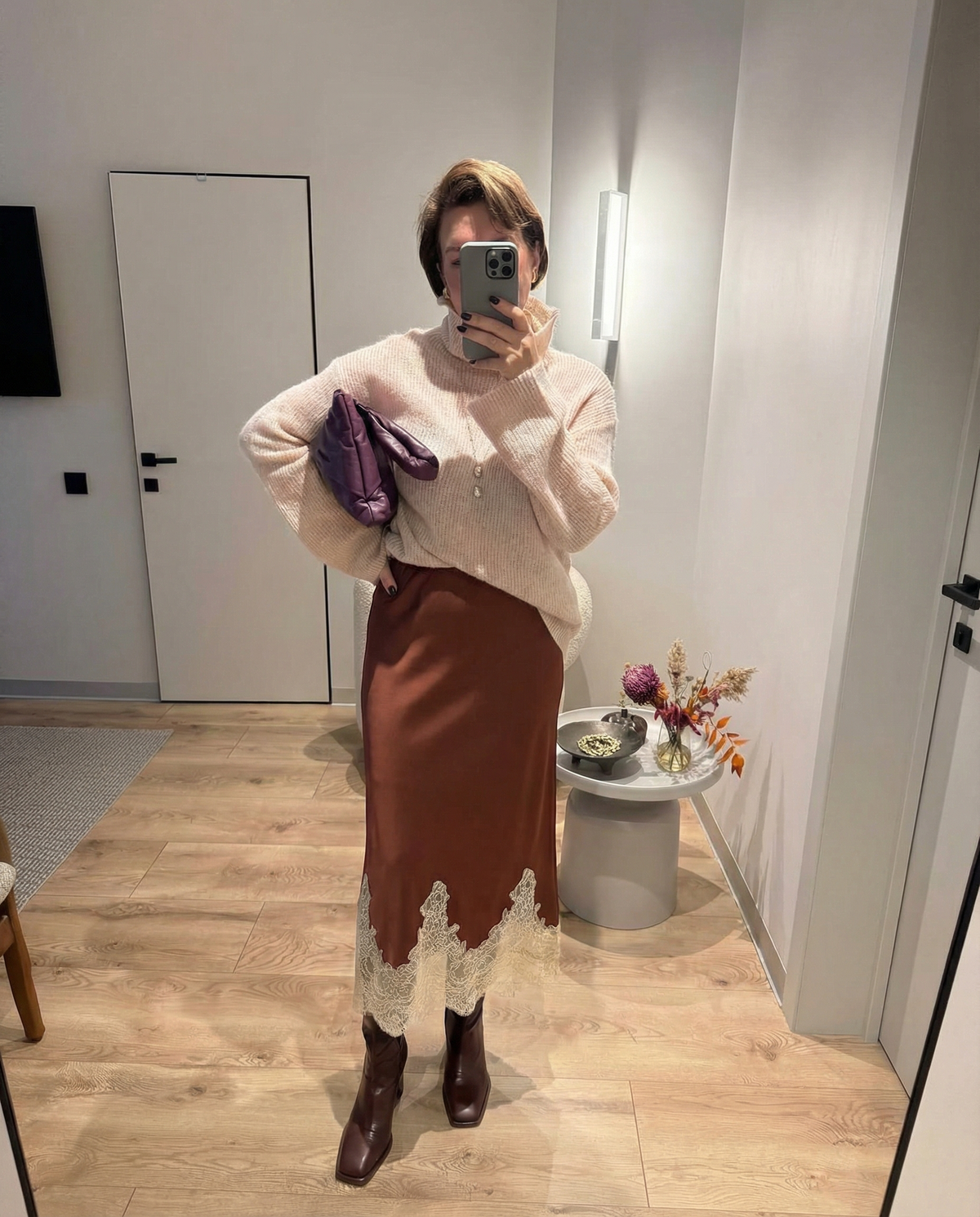 Neve | Lace Trim Midi Skirt Burgundy Cream