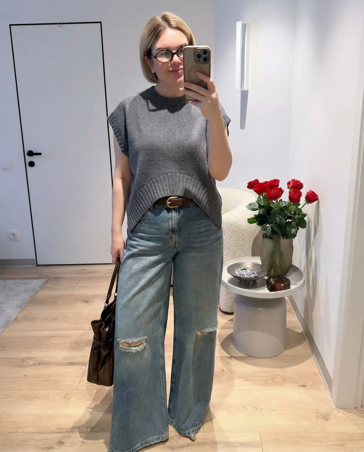 Vera | Crew Neck Knit Sweater Vest Gray Cutout