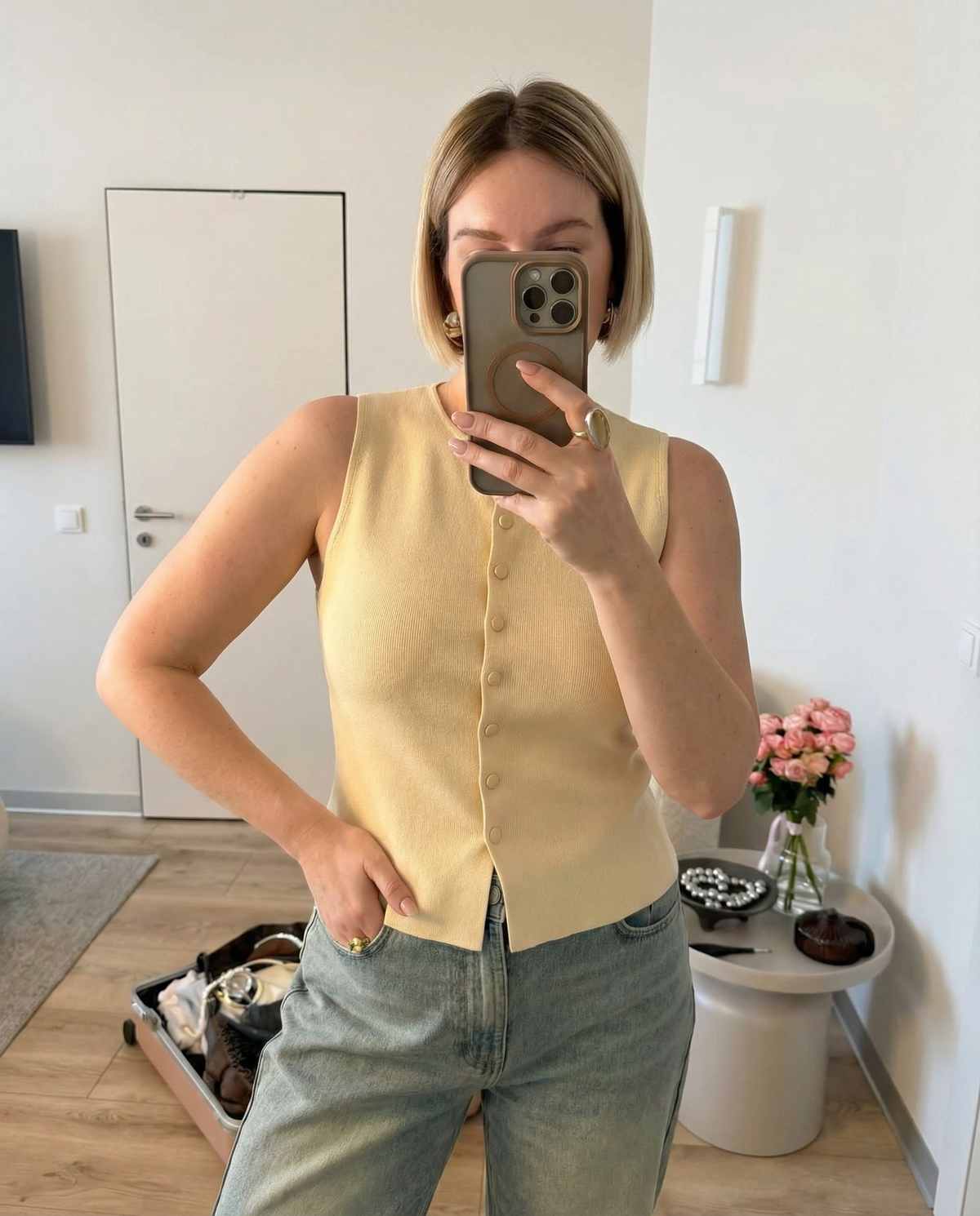 Vera | Ribbed Button Front Cardigan Cream Sleeveless