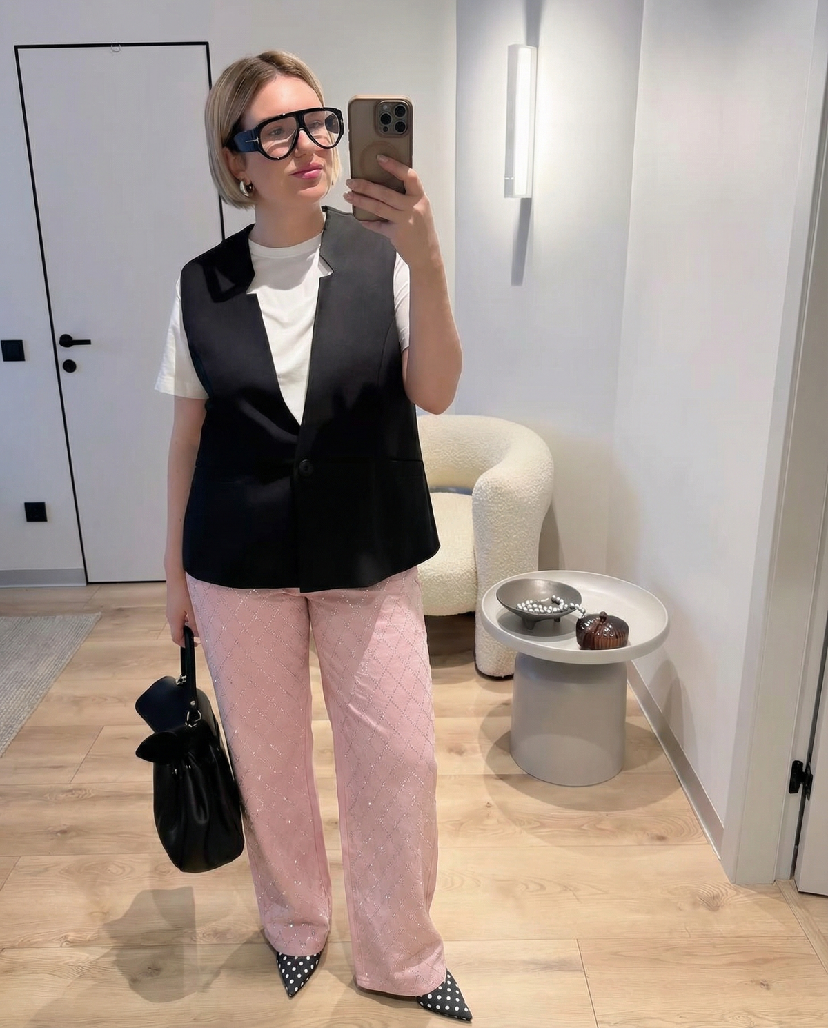 Vera | High Waisted Wide Leg Pants Pink Diamond Stitch