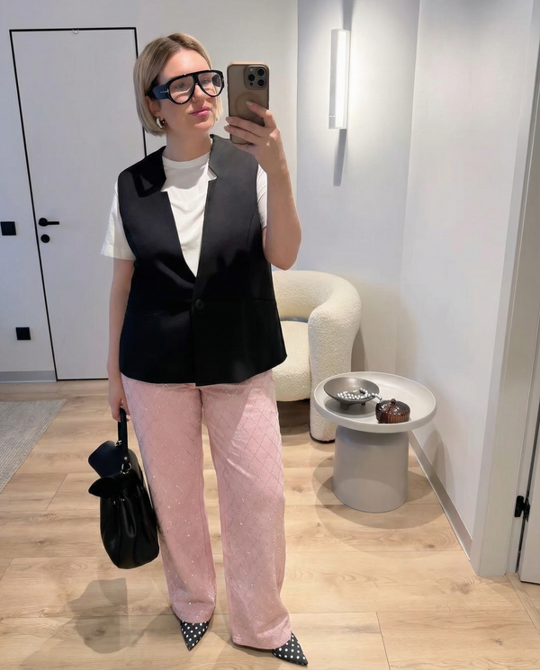 Vera | High Waisted Wide Leg Pants Pink Diamond Stitch