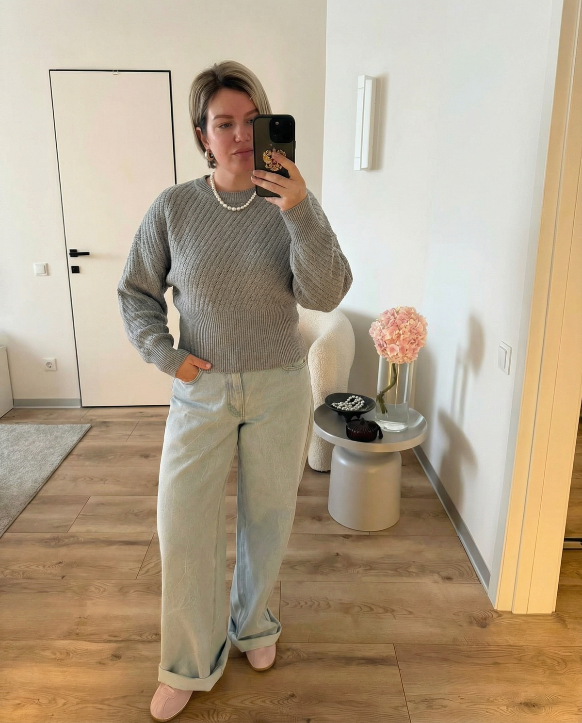 Neve | Oversized Textured Knit Sweater Gray Crew Neck