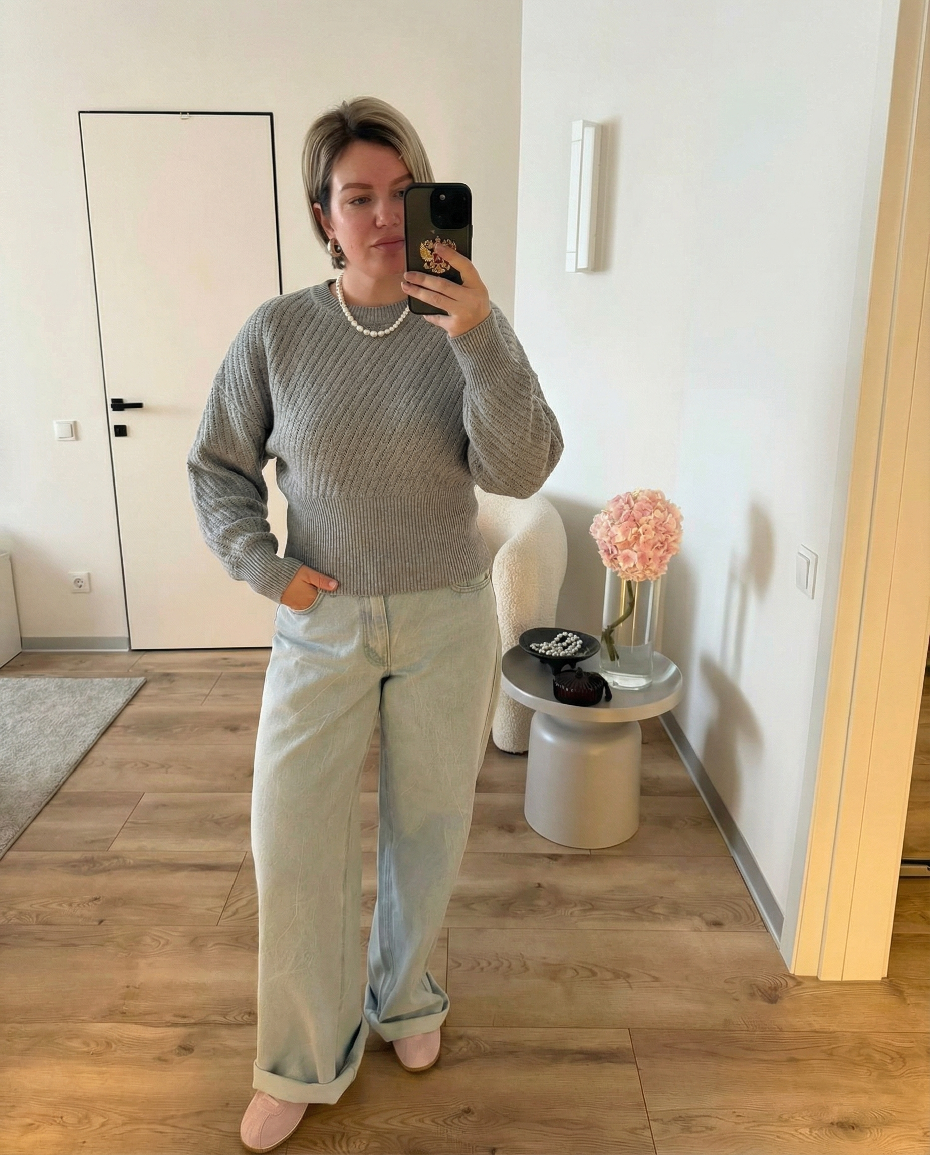 Neve | Oversized Textured Knit Sweater Gray Crew Neck