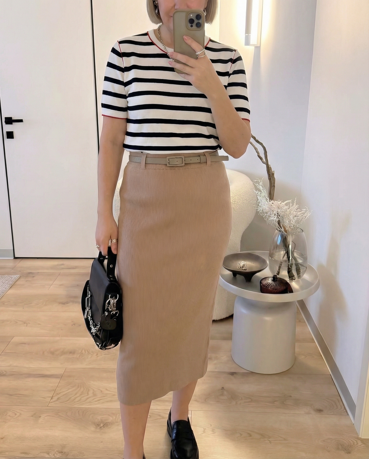 Neve | Striped T Shirt Cream Black Short Sleeve Crew Neck