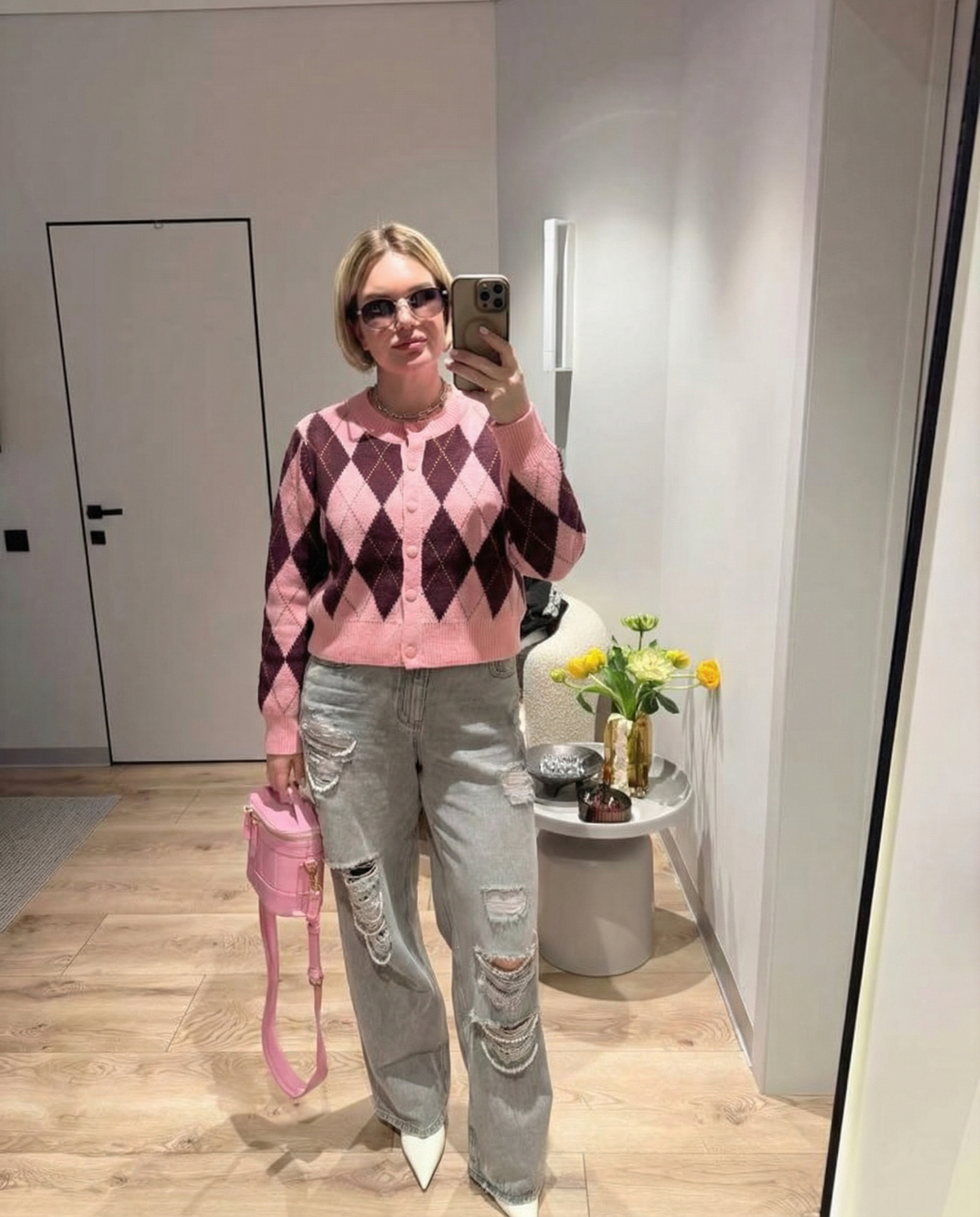 Romy | Argyle Cardigan Pink Burgundy Button Front Cropped