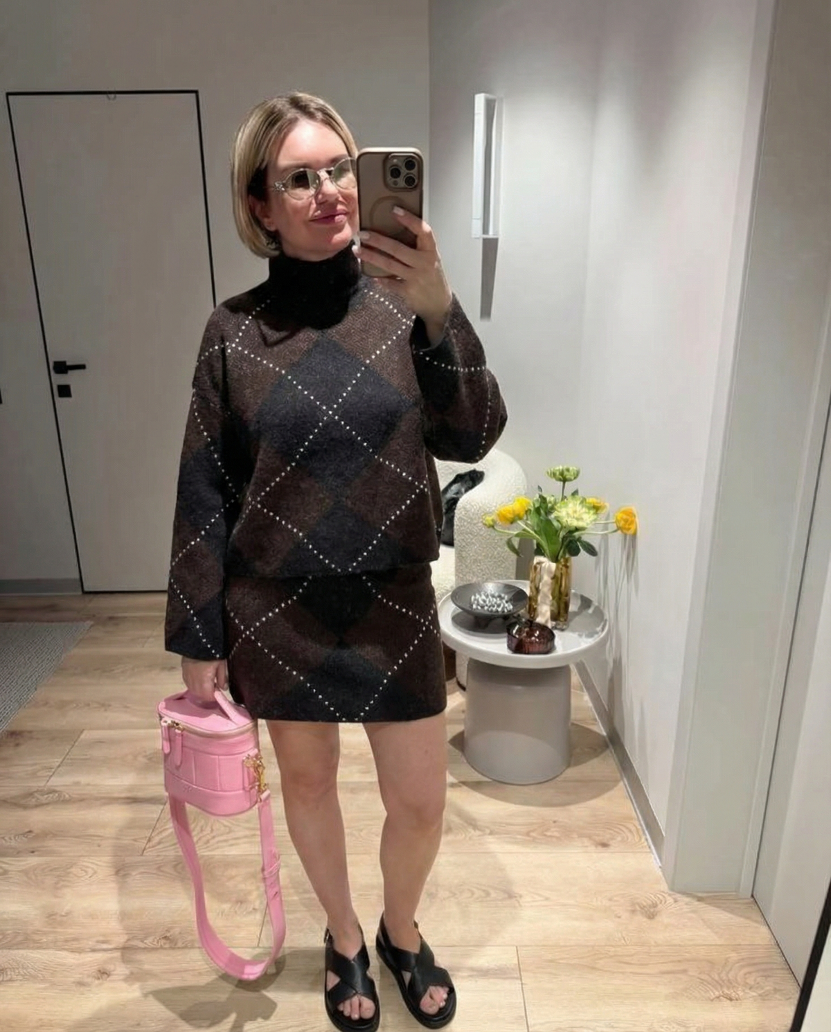 Vera | Argyle Knit Sweater Set Brown Studded Turtleneck