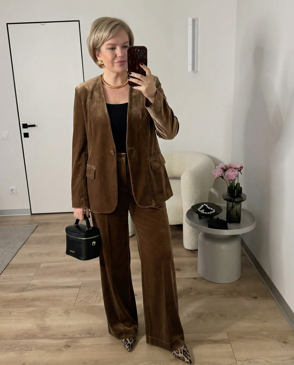 Vera | Velvet Tailored Matching Set Brown Wide Leg