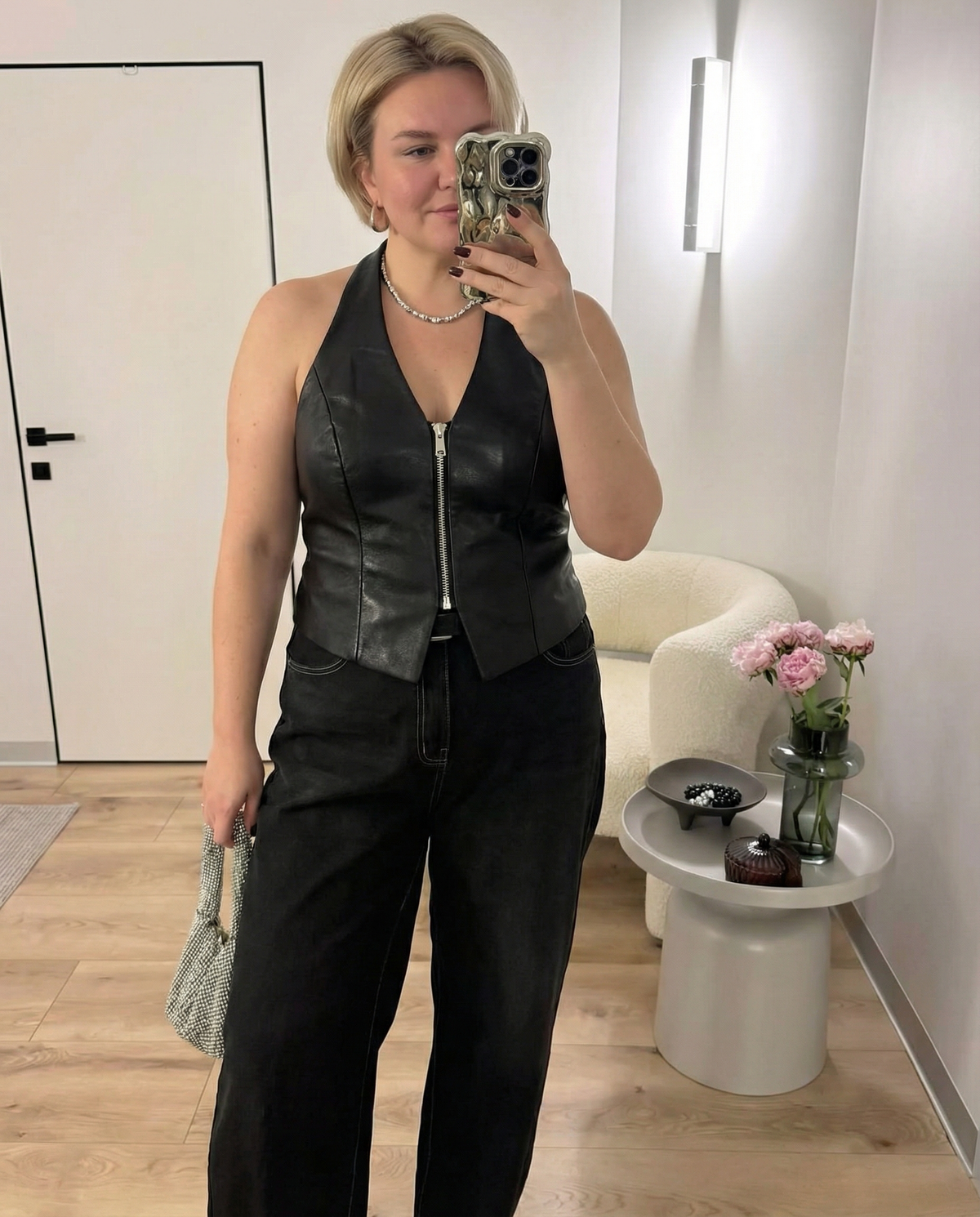 Kira | Halter Top Black Leather Zip Front