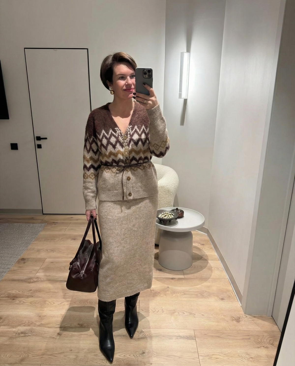 Vera | Knit Set Cream Cardigan Midi Skirt Patterned
