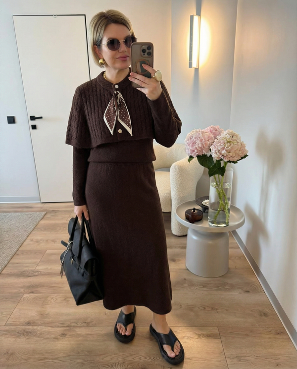 Luisa | Knit Skirt Set Brown Cable Scarf Detail