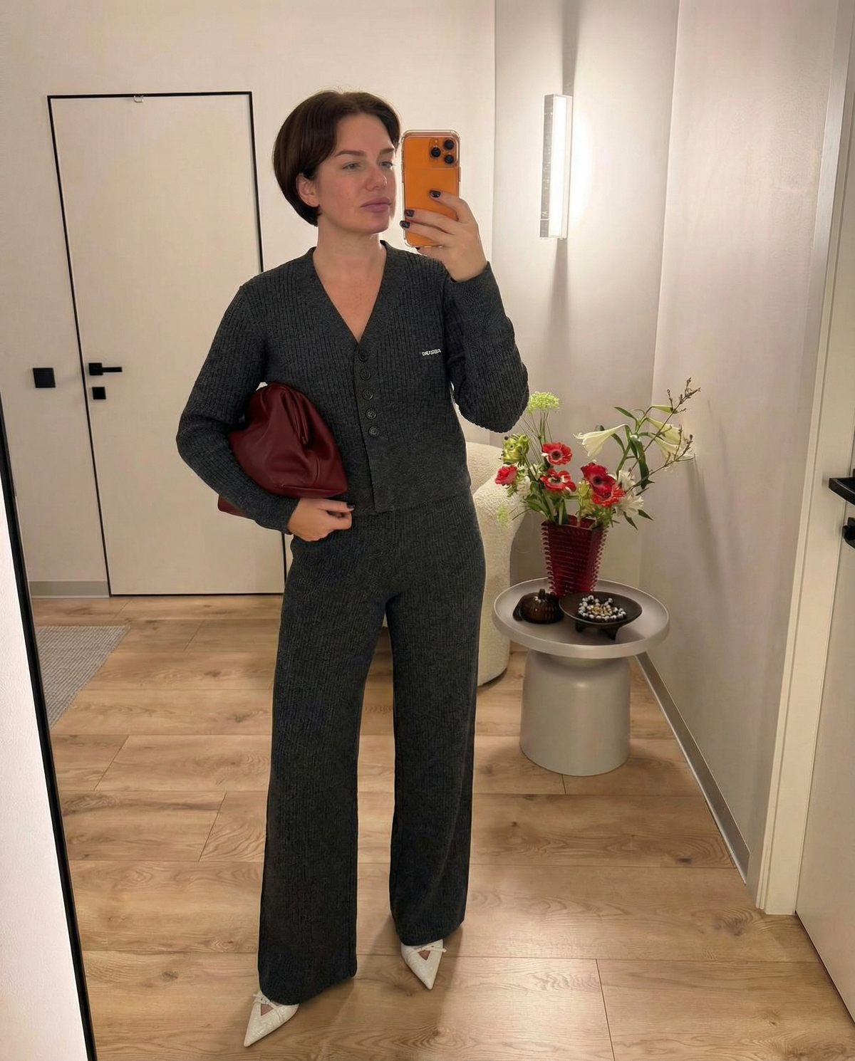 Vera | Knit Set Gray Button Front Wide Leg Pants