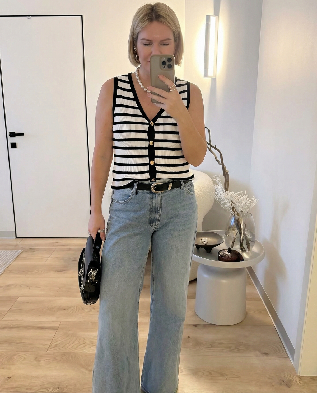 Bea | Striped Knit Tank Top Black White Button Up