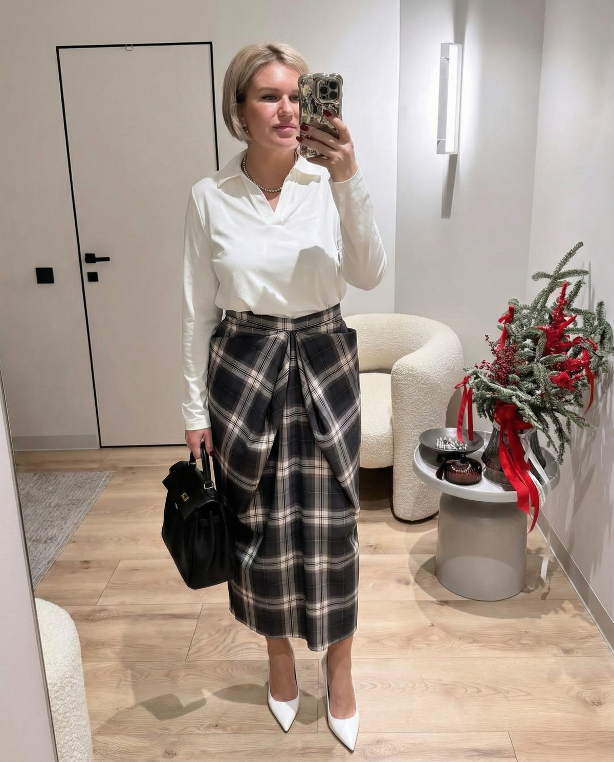 Orin | Plaid Midi Skirt Gray White Tie Front