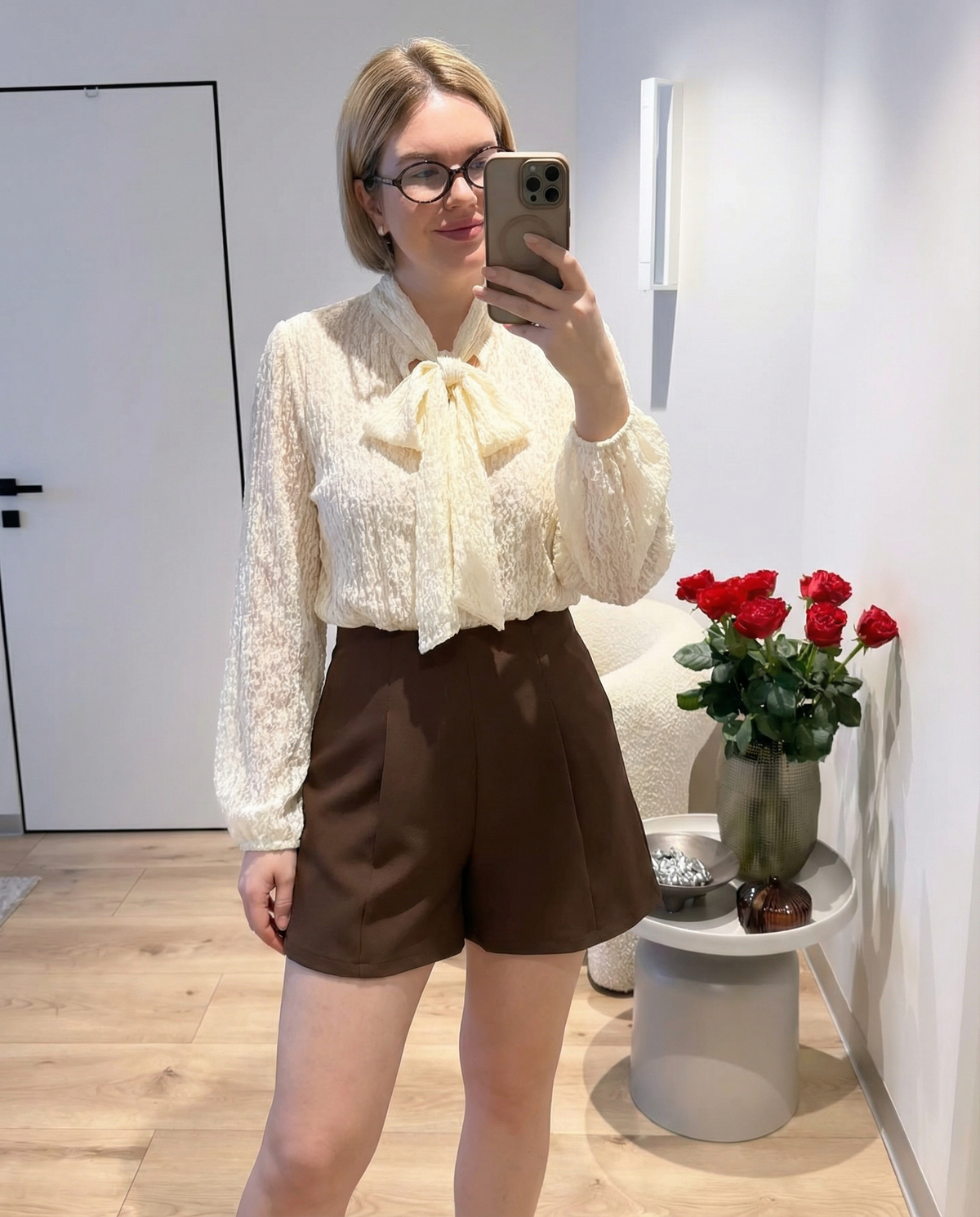 Fleur | Coquette Puff Sleeve Lace Blouse Cream Tie Neck