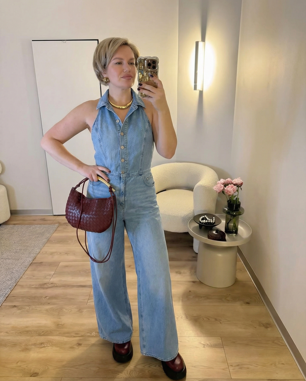 Vera | Denim Jumpsuit Light Blue Halter Collared Wide Leg