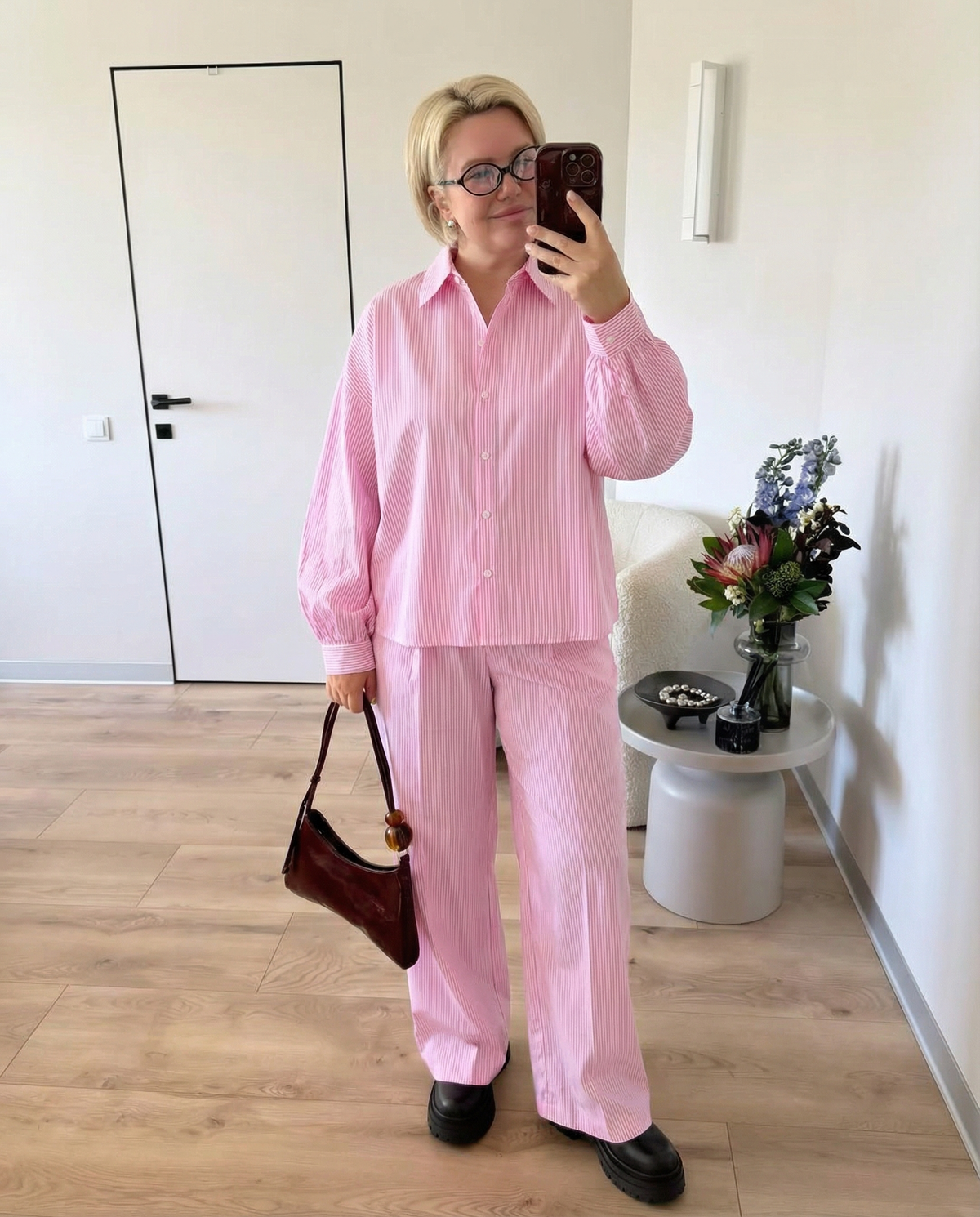 Luisa | Striped Shirt Pant Set Pink Puff Sleeve Wide Leg
