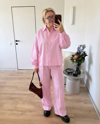 Luisa | Striped Shirt Pant Set Pink Puff Sleeve Wide Leg