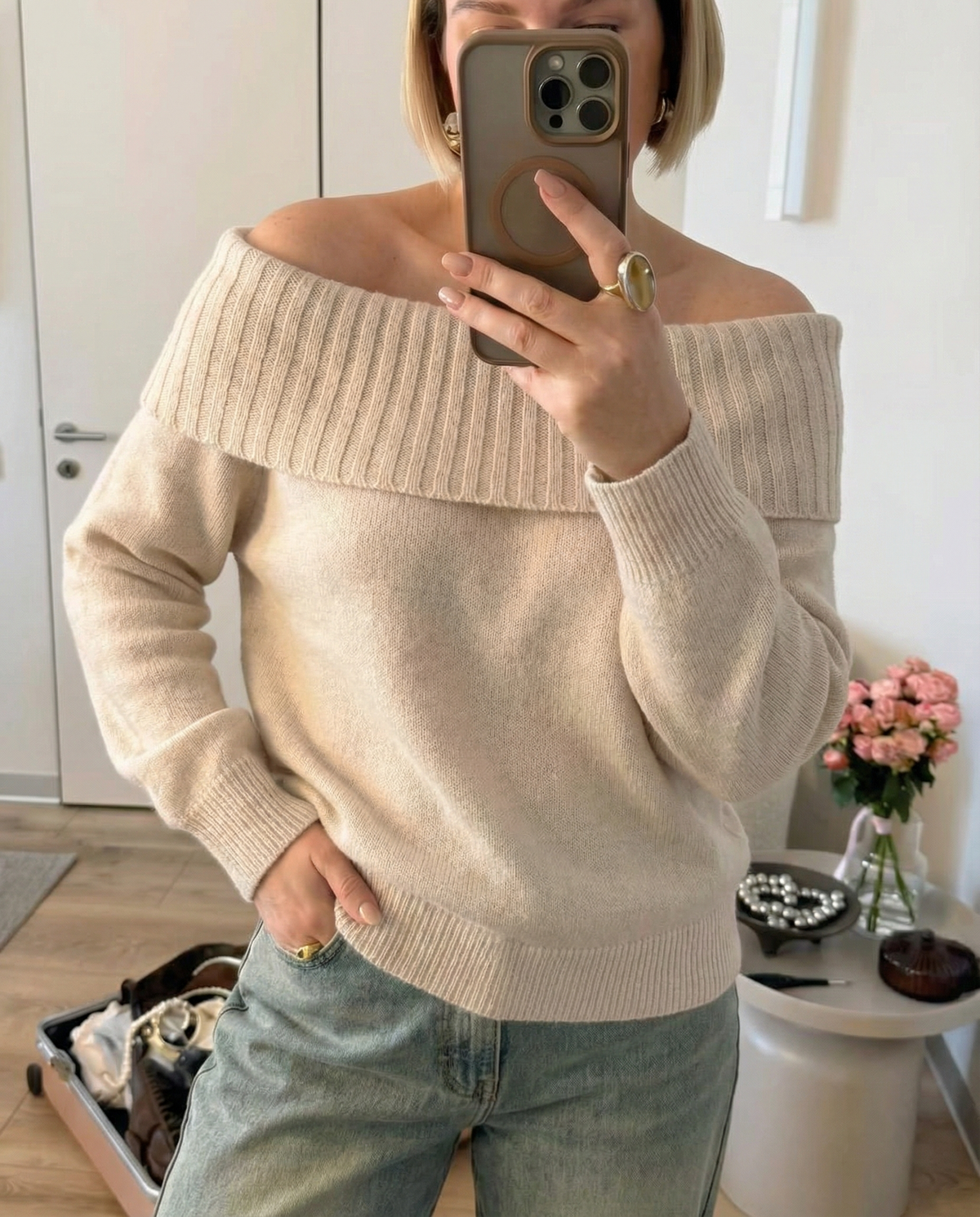 Vera | Off Shoulder Knit Sweater Cream Foldover Neck