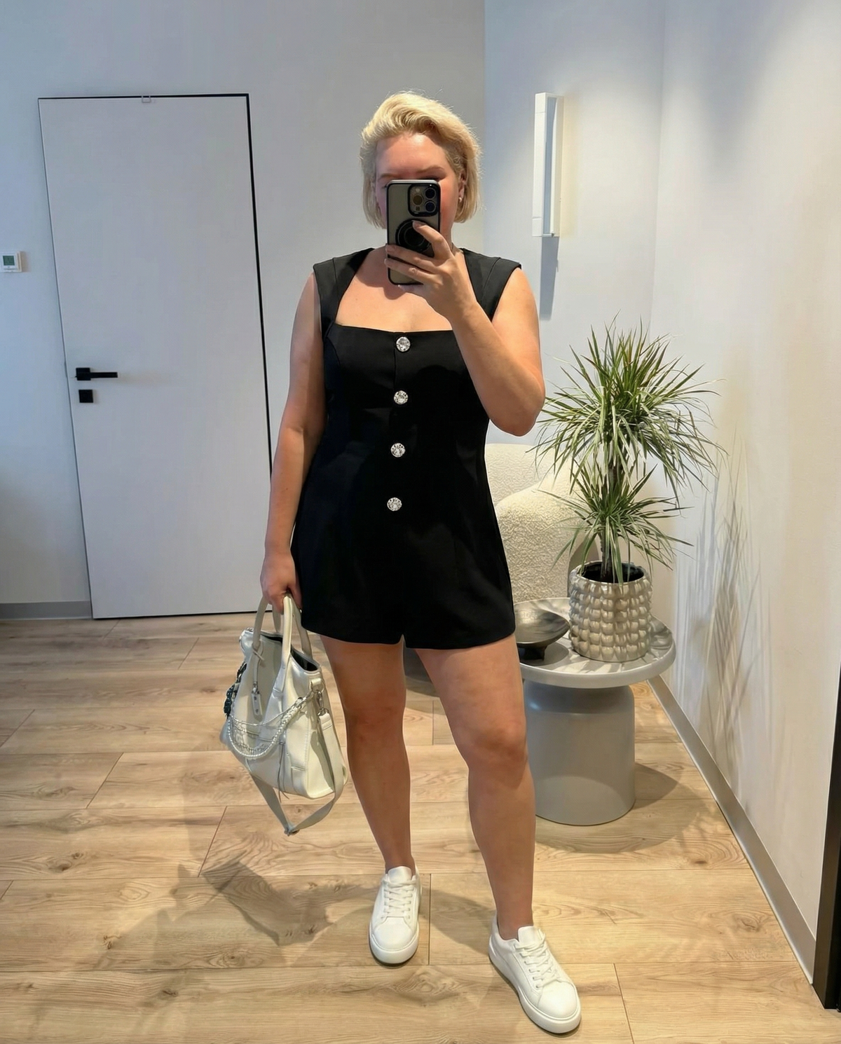 Thea | Crystal Button Black Jumpsuit Sleeveless Tailored