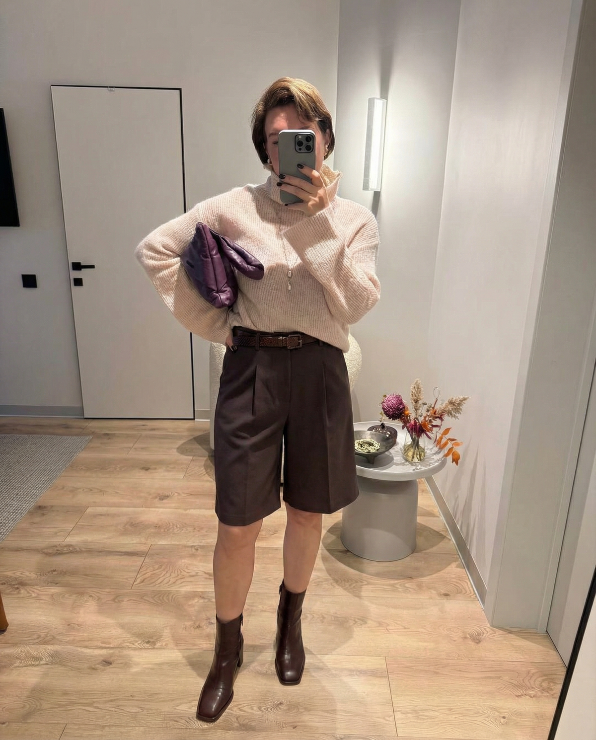 Elora | Tailored Bermuda Shorts Brown Pleated Belt