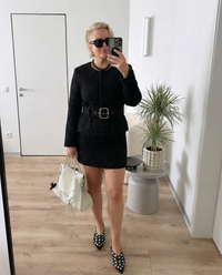 Iris | Matching Two Piece Set Belted Tweed Black Crew Neck