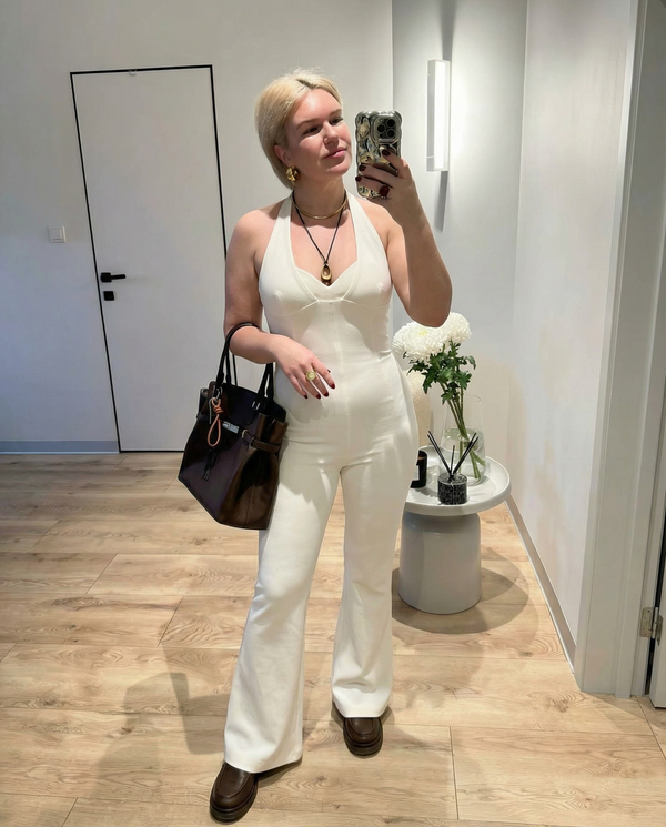 Iris | Halter Jumpsuit Cream Wide Leg Flare