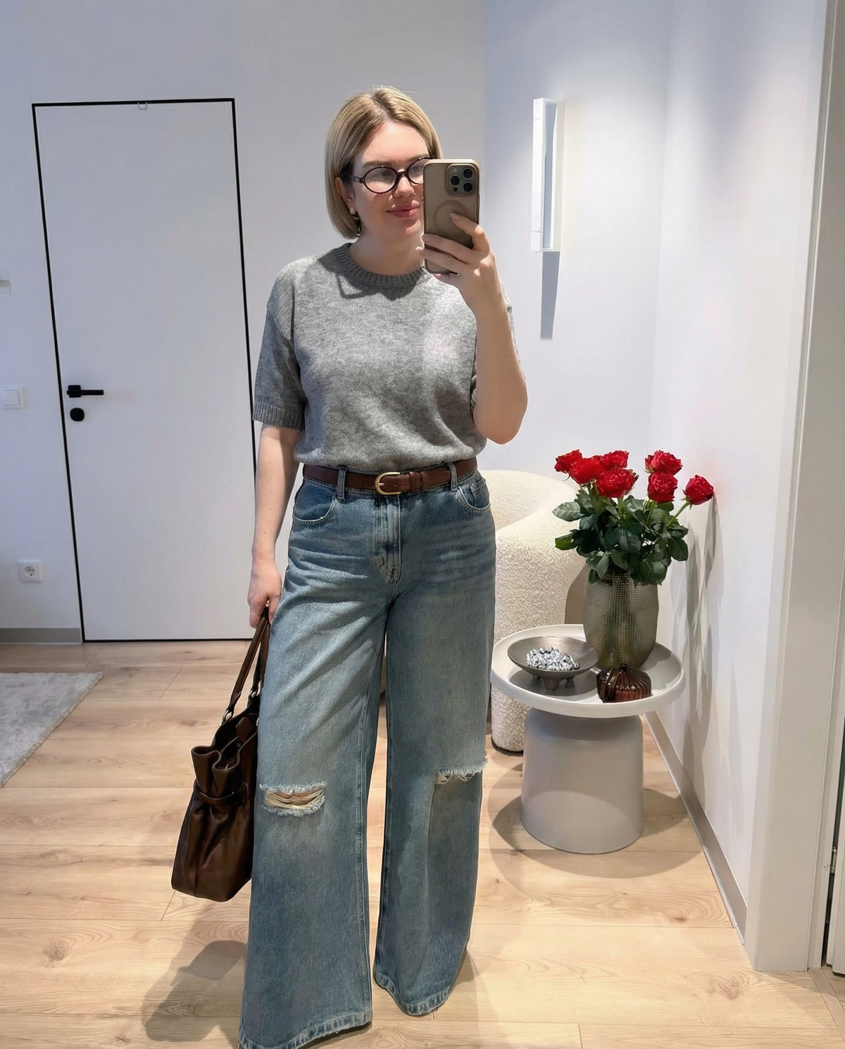Thea | Short Sleeve Knit Sweater Gray Crew Neck