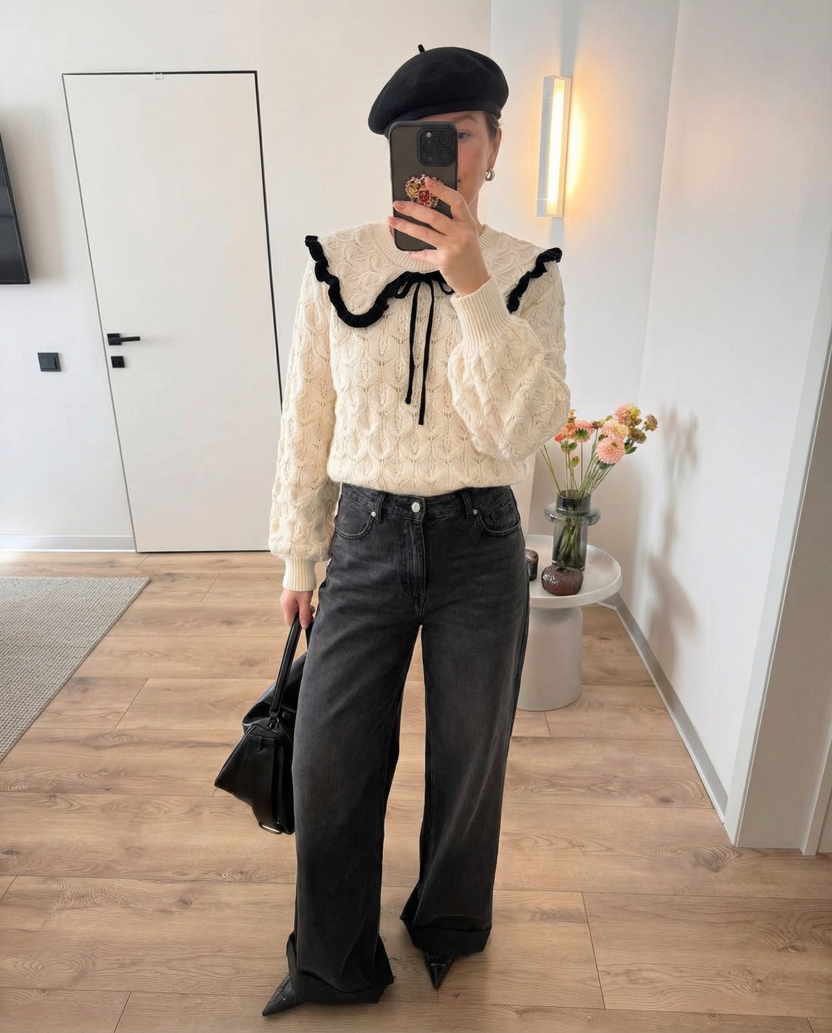 Nola | Coquette Cable Knit Sweater Cream Ruffle Collar Black Bow
