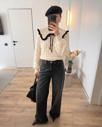 Nola | Coquette Cable Knit Sweater Cream Ruffle Collar Black Bow