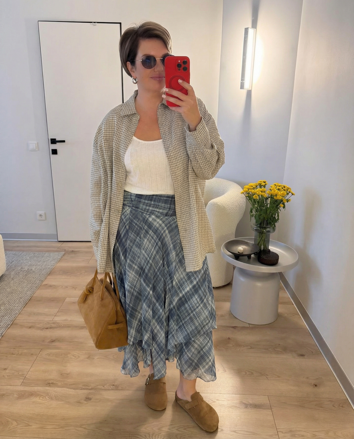 Iris | Plaid Midi Skirt Gray Layered Chiffon